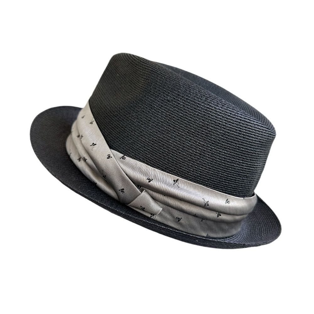 KEVIN MCANDREW, BLACK FLORENTINE FEDORA WITH WIDE PLEATED BAND IN GREY.